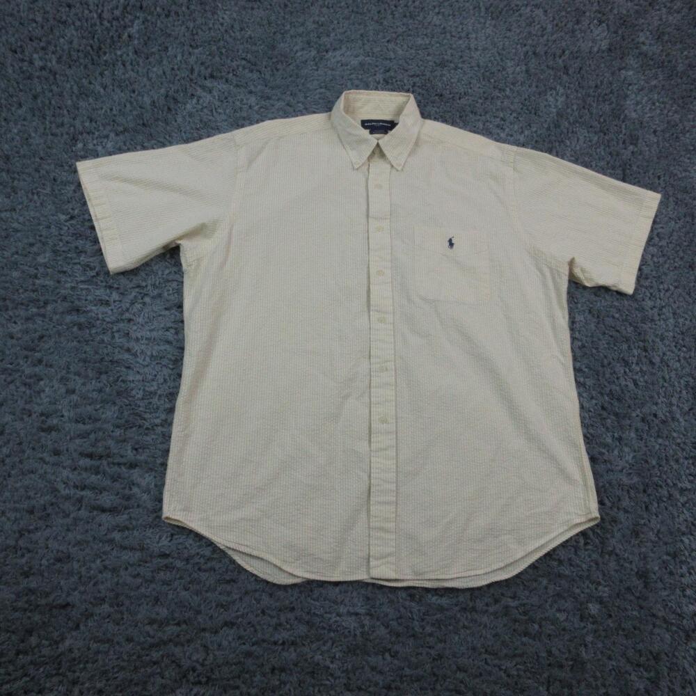 Ralph Lauren Golf Shirt Mens Large Yellow Striped Tilden Button Down Pony Logo